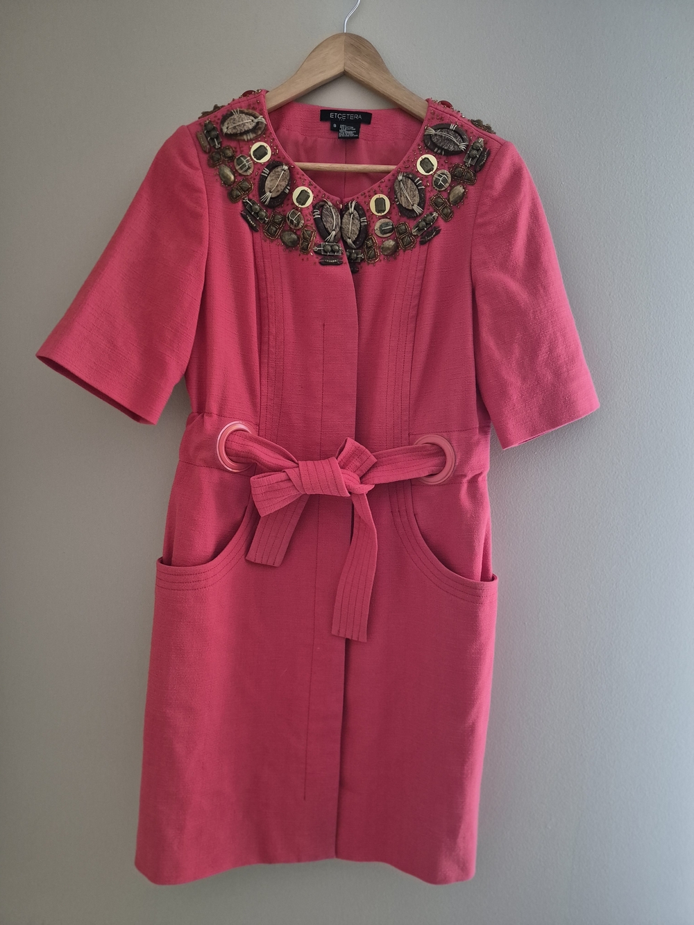 Etcetera Pink Embellished Beaded Neckline Sheath Dress Size 8
